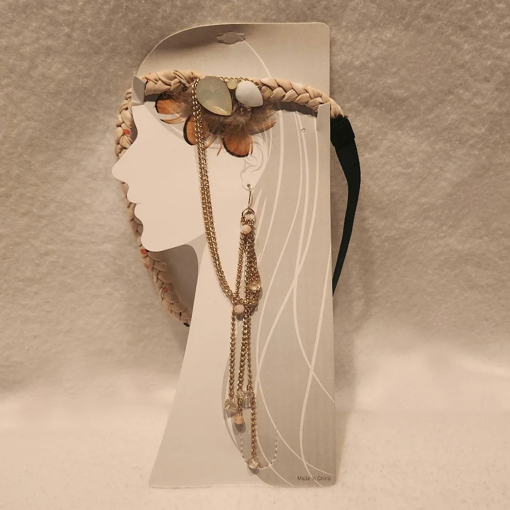 Bohemian Braided Headband with Feather, Chain and Matching Earring Standout Look